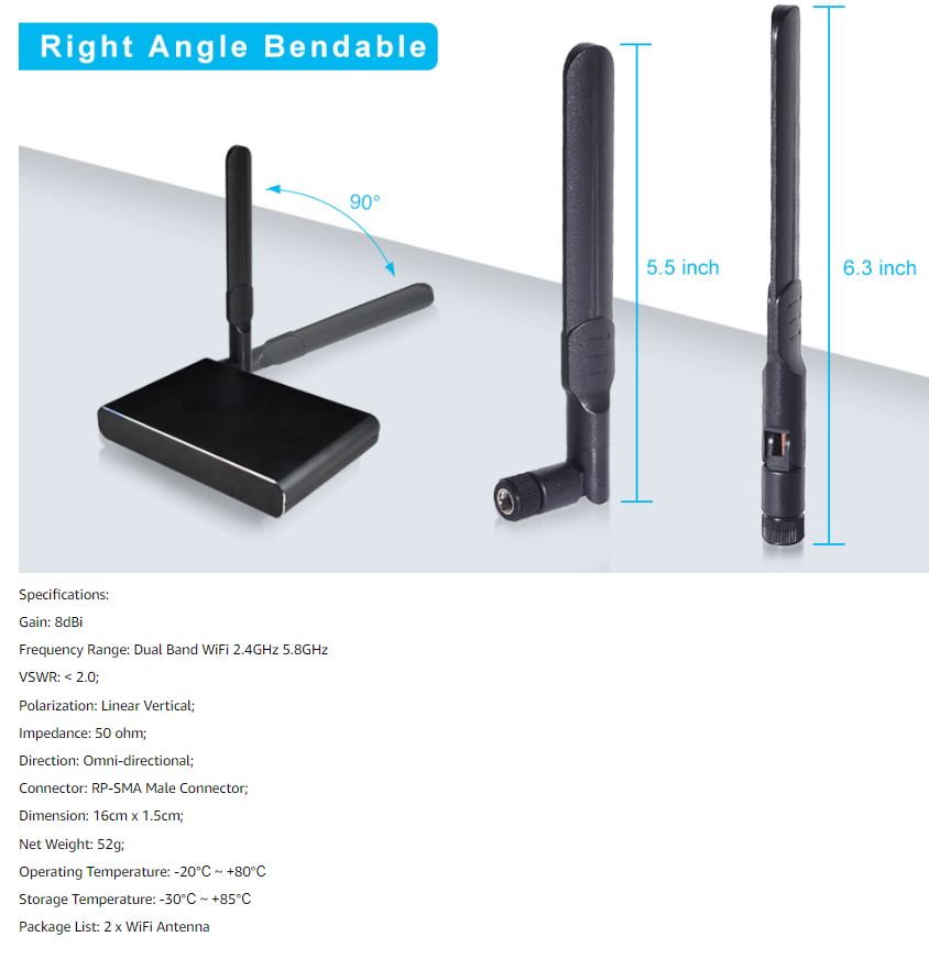 Dual Band WiFi 2.4GHz 5.8 GHz VSWR: < 2.0